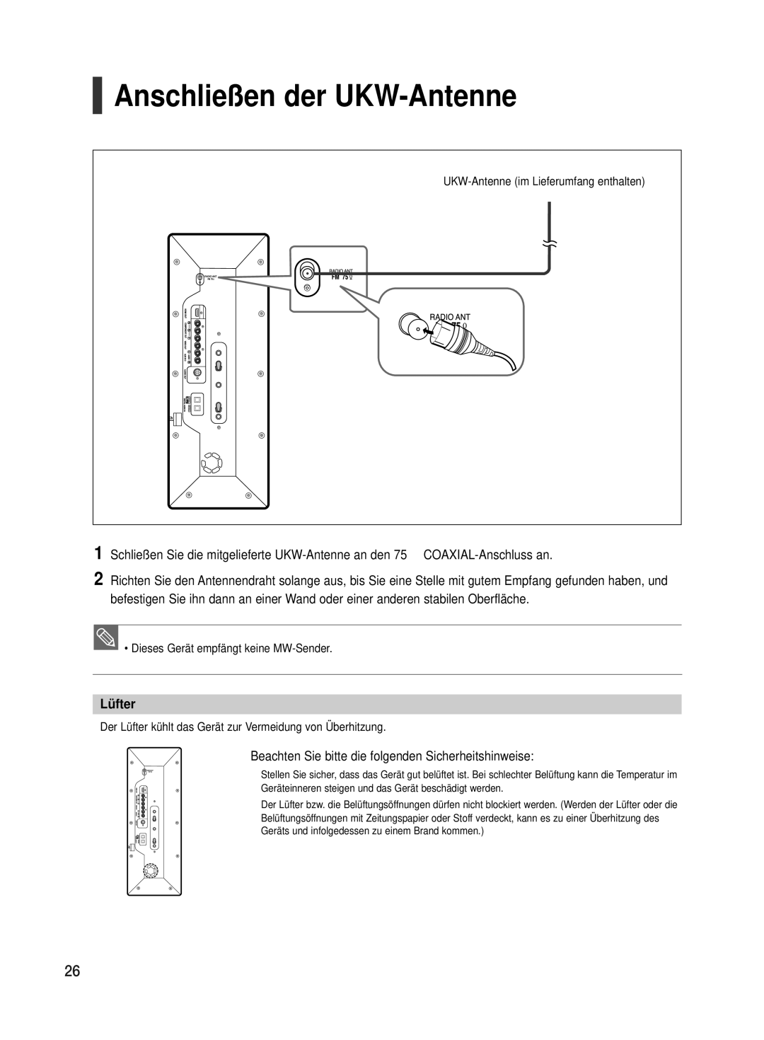 Samsung HT-TX500R/XEF manual Anschließen der UKW-Antenne, Lüfter, Beachten Sie bitte die folgenden Sicherheitshinweise 