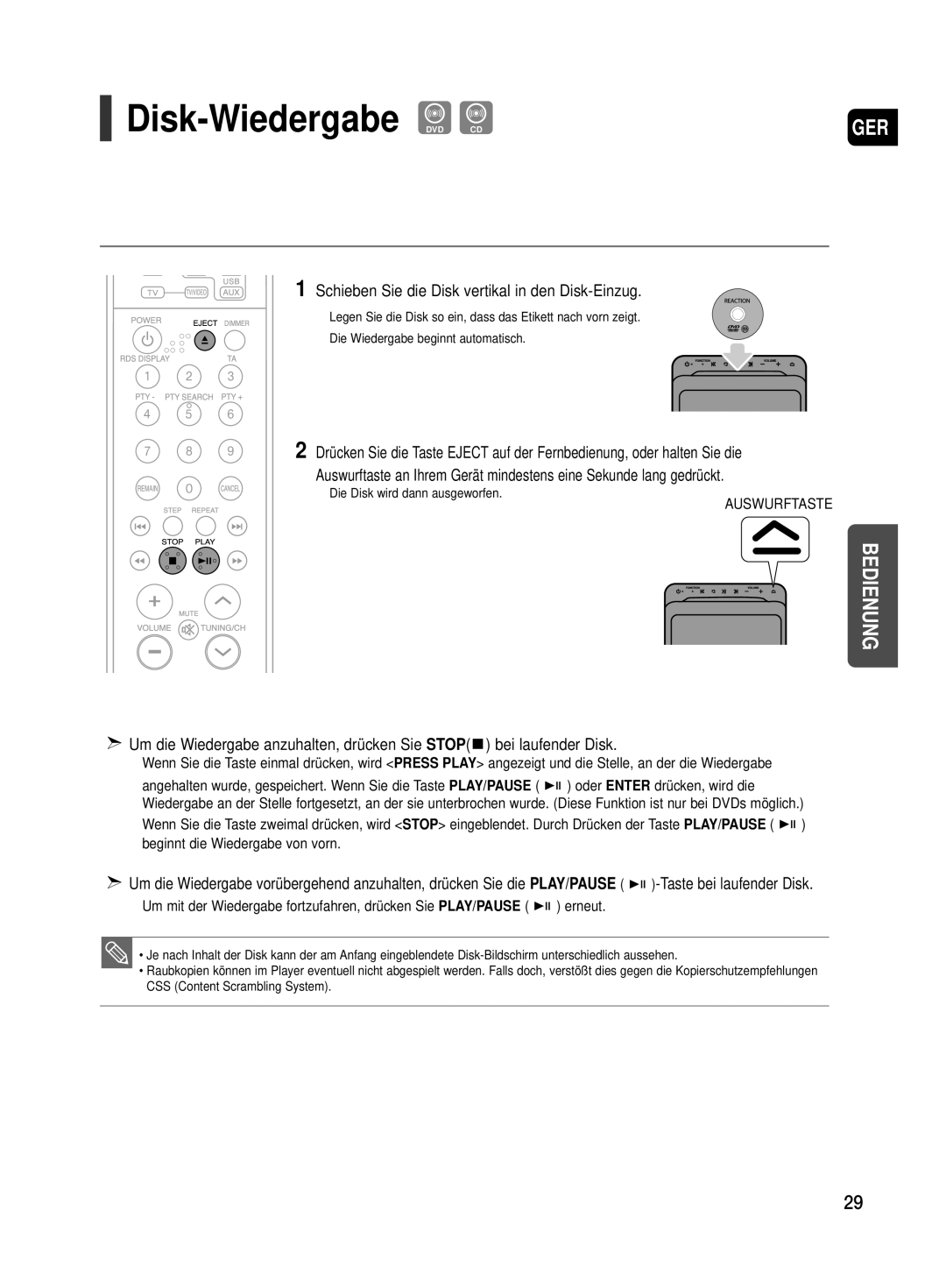 Samsung HT-TX500T/ADL, HT-TX500R/XEF manual Disk-Wiedergabe DVD CD, Schieben Sie die Disk vertikal in den Disk-Einzug 