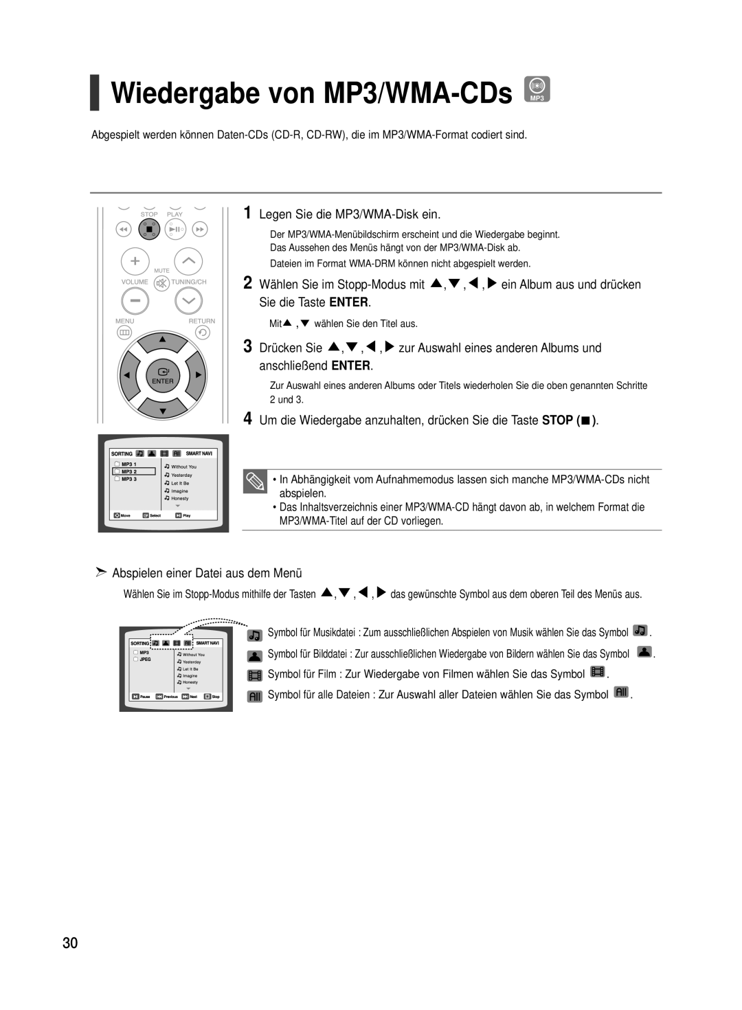 Samsung HT-TX500R/XEF Wiedergabe von MP3/WMA-CDs MP3, Legen Sie die MP3/WMA-Disk ein, Abspielen einer Datei aus dem Menü 