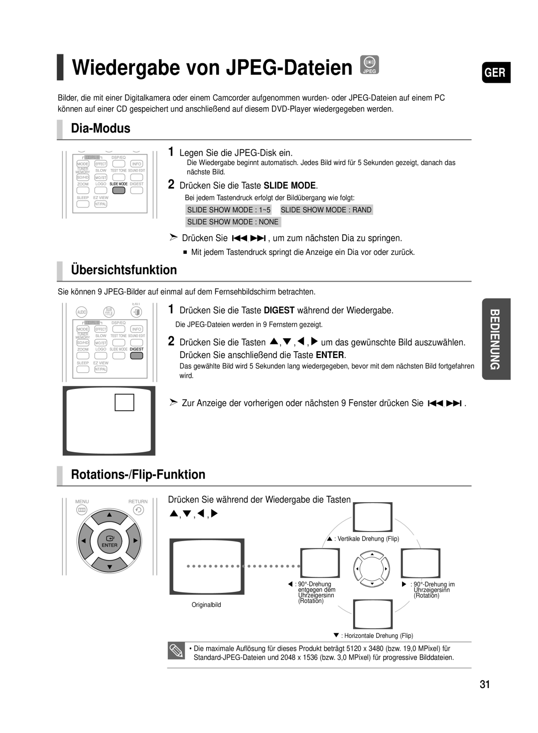 Samsung HT-TX500T/ADL manual Wiedergabe von JPEG-Dateien Jpeg, Dia-Modus, Übersichtsfunktion, Rotations-/Flip-Funktion 