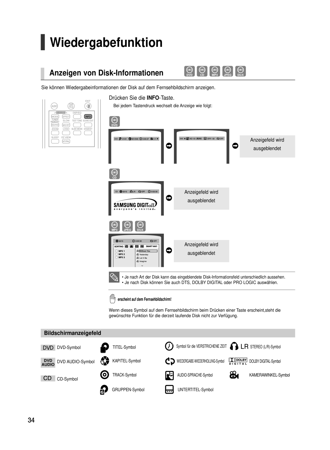 Samsung HT-TX500R/XEF, HT-TX500T/ADL manual Wiedergabefunktion, Anzeigen von Disk-Informationen, Drücken Sie die INFO-Taste 