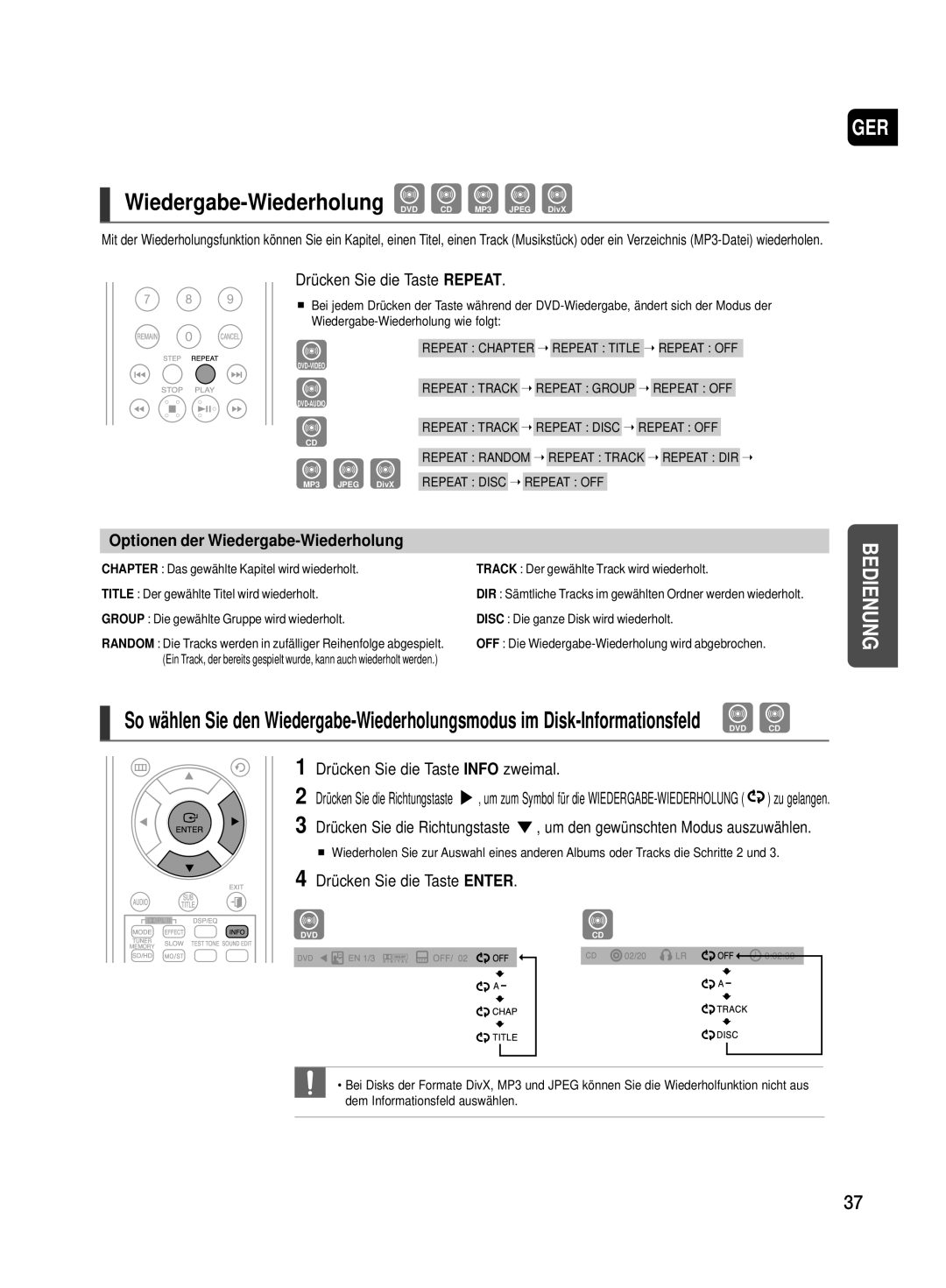 Samsung HT-TX500T/ADL, HT-TX500R/XEF manual Wiedergabe-Wiederholung DVD CD MP3 Jpeg DivX, Drücken Sie die Taste Repeat 