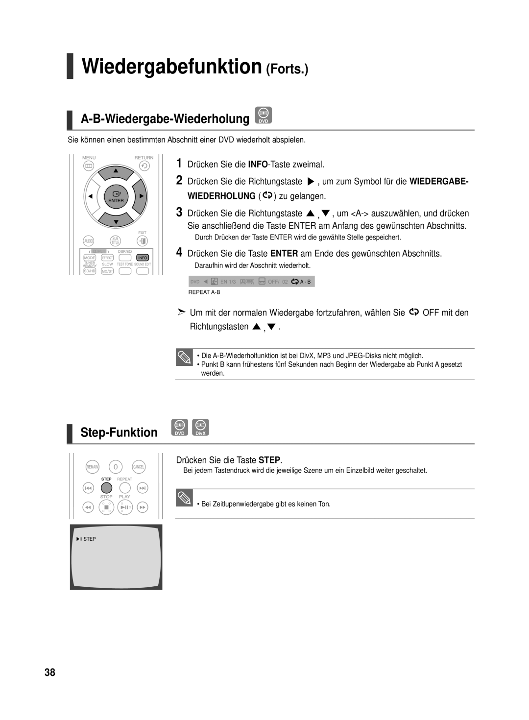 Samsung HT-TX500R/XEF, HT-TX500T/ADL manual Wiedergabe-Wiederholung DVD, Step-Funktion DVD DivX, Drücken Sie die Taste Step 