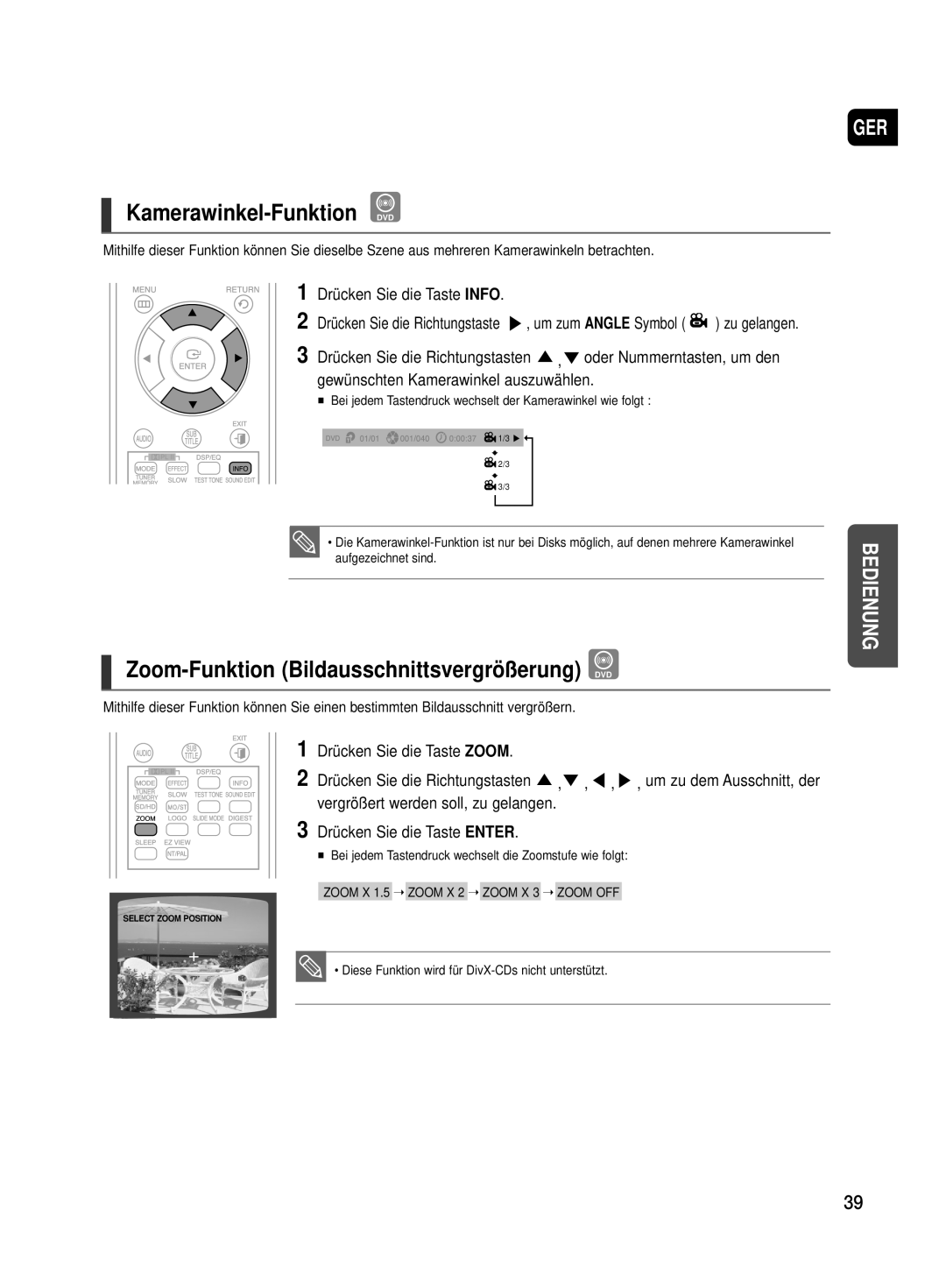 Samsung HT-TX500T/ADL Kamerawinkel-Funktion DVD, Zoom-Funktion Bildausschnittsvergrößerung DVD, Drücken Sie die Taste Info 