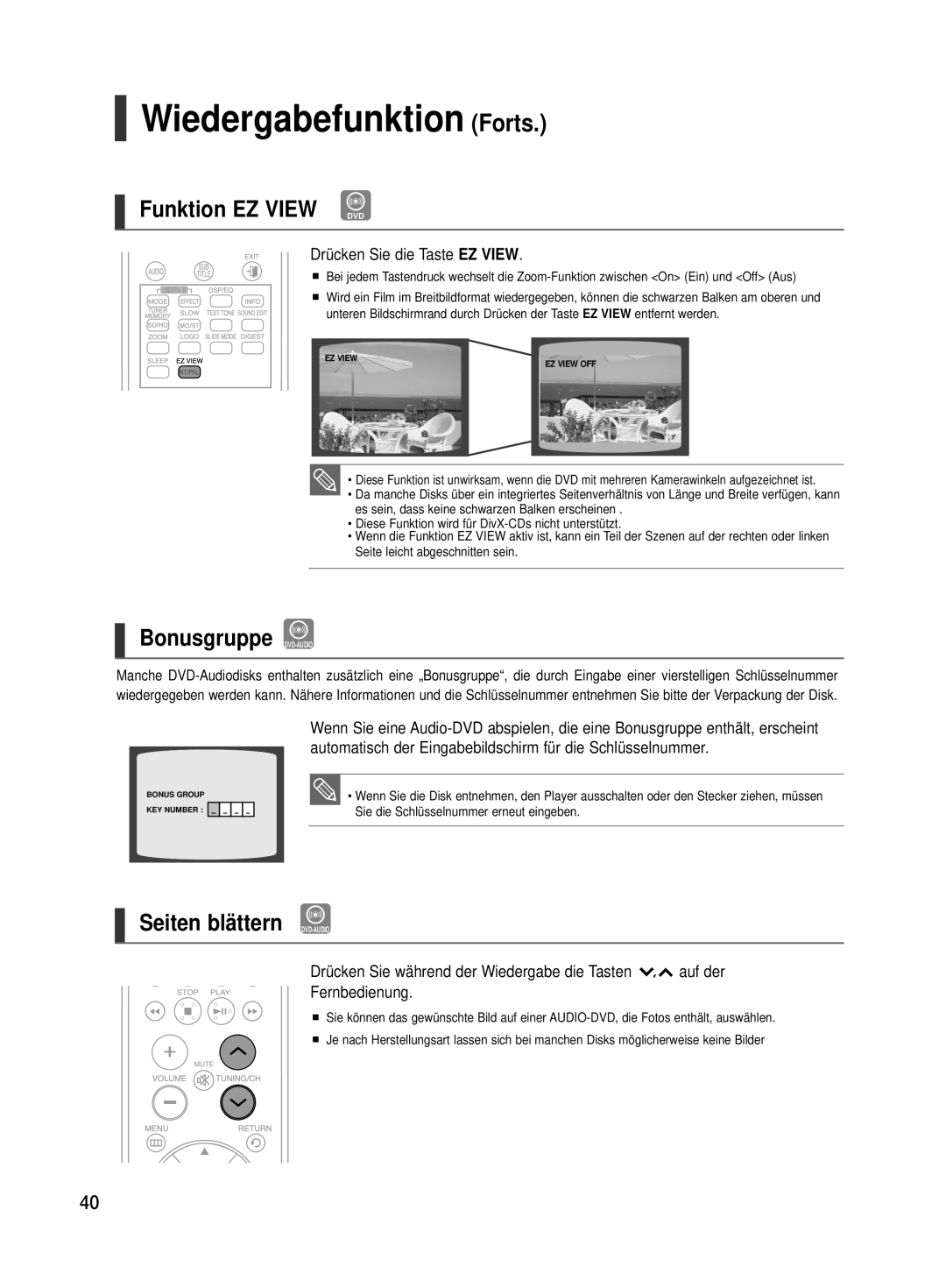 Samsung HT-TX500R/XEF, HT-TX500T/ADL manual Funktion EZ View DVD, Bonusgruppe DVD-AUDIO, Seiten blättern DVD-AUDIO 