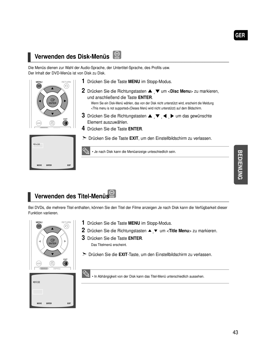 Samsung HT-TX500T/ADL manual Verwenden des Disk-Menüs DVD, Verwenden des Titel-MenüsDVD, Drücken Sie die Richtungstasten 