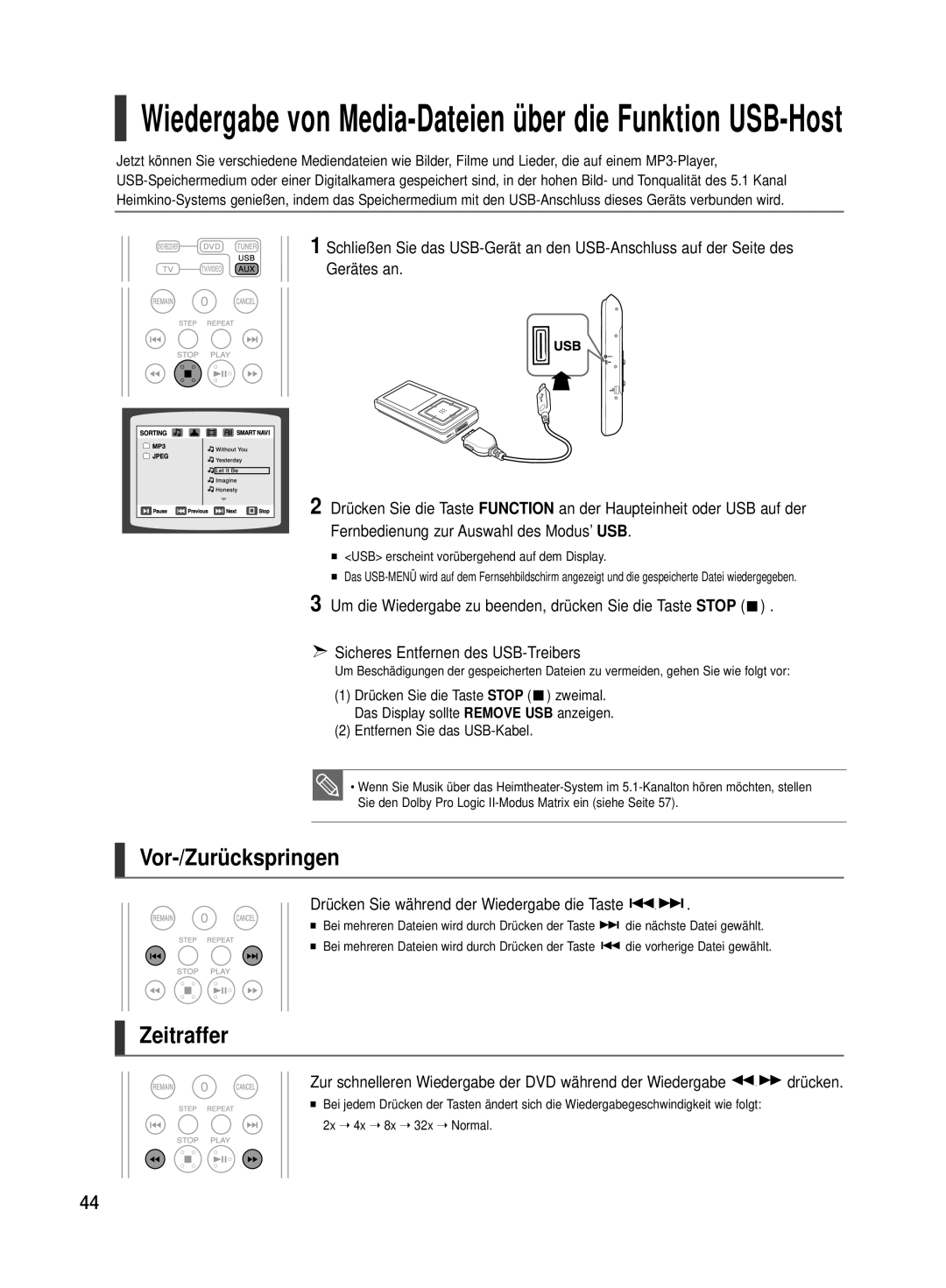 Samsung HT-TX500R/XEF, HT-TX500T/ADL manual Drücken Sie während der Wiedergabe die Taste, Entfernen Sie das USB-Kabel 