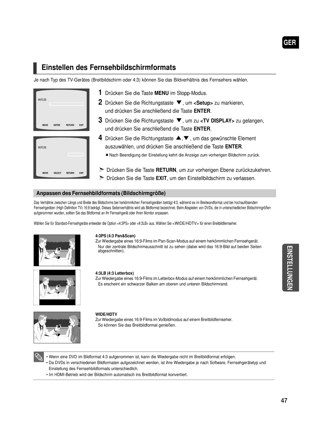 Samsung HT-TX500T/ADL manual Einstellen des Fernsehbildschirmformats, Anpassen des Fernsehbildformats Bildschirmgröße 