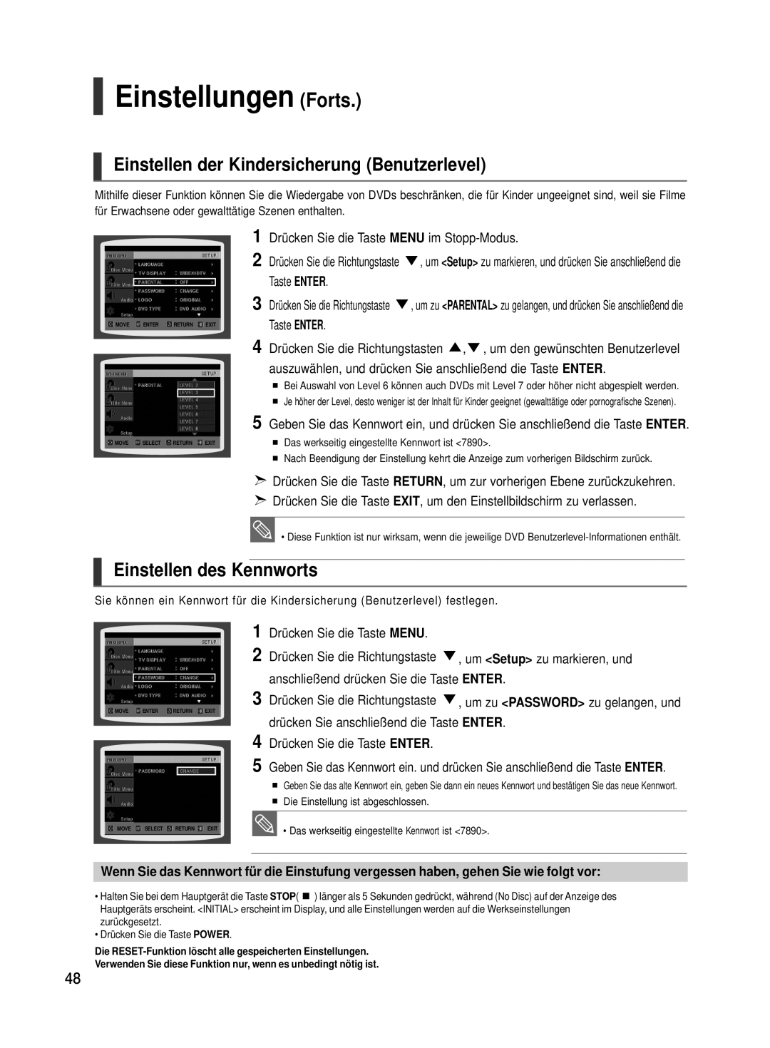 Samsung HT-TX500R/XEF manual Einstellungen Forts, Einstellen der Kindersicherung Benutzerlevel, Einstellen des Kennworts 