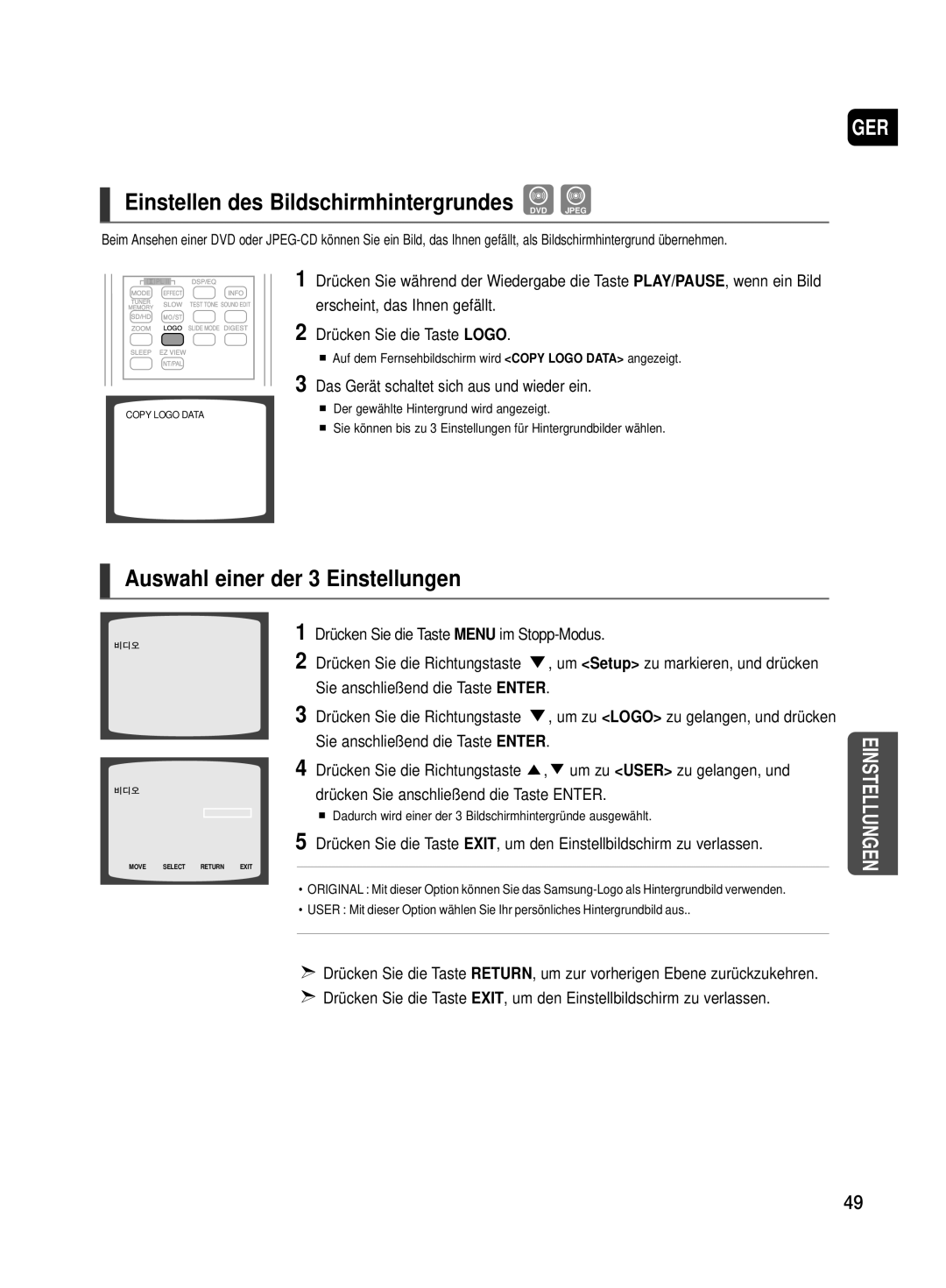 Samsung HT-TX500T/ADL, HT-TX500R/XEF Einstellen des Bildschirmhintergrundes DVD Jpeg, Auswahl einer der 3 Einstellungen 