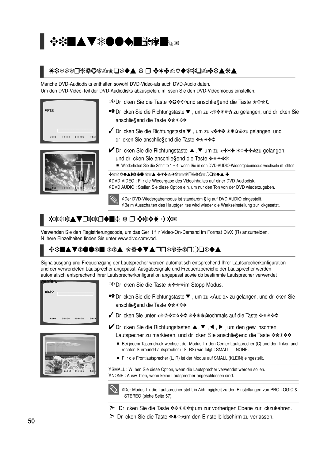 Samsung HT-TX500R/XEF Wiedergabe-Modus für DVD-Audio-Disks, Registrierung für DivX R Einstellen des Lautsprechermodus 