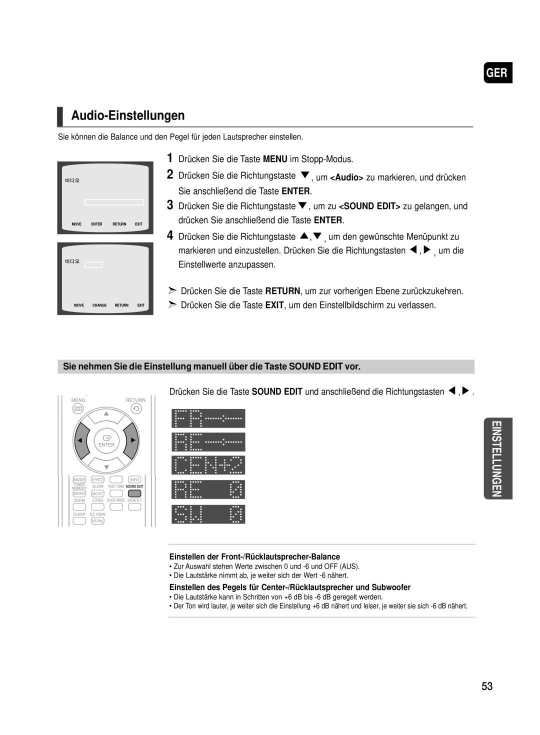 Samsung HT-TX500T/ADL manual Audio-Einstellungen, Um Audio zu markieren, und drücken, Um zu Sound Edit zu gelangen, und 