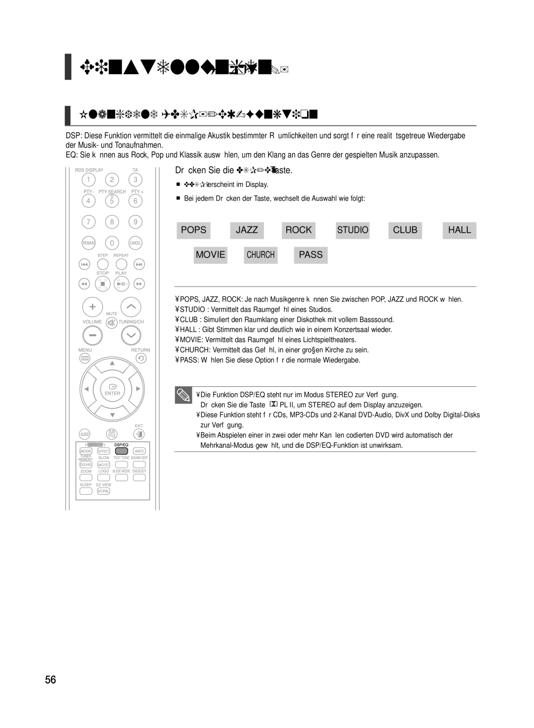 Samsung HT-TX500R/XEF, HT-TX500T/ADL manual Klangfeld DSP/EQ-Funktion, Drücken Sie die DSP/EQ-Taste 