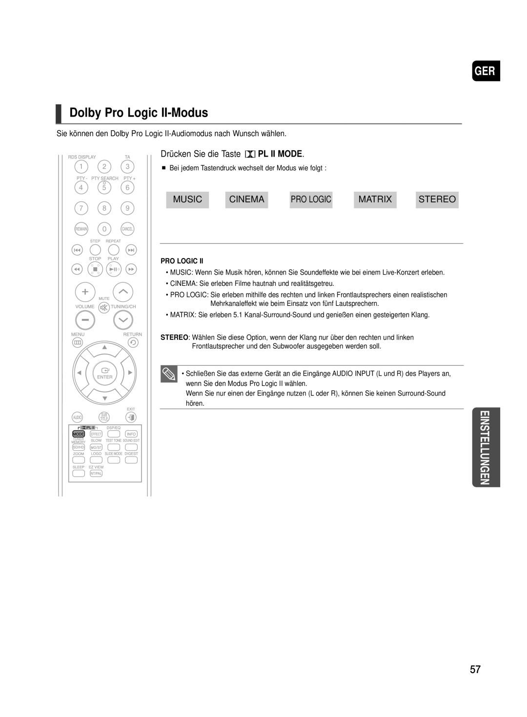 Samsung HT-TX500T/ADL, HT-TX500R/XEF manual Dolby Pro Logic II-Modus, Drücken Sie die Taste PL II Mode 