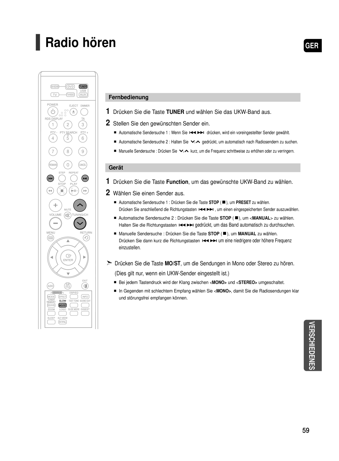 Samsung HT-TX500T/ADL, HT-TX500R/XEF manual Radio hören, Fernbedienung, Gerät, Einzustellen 