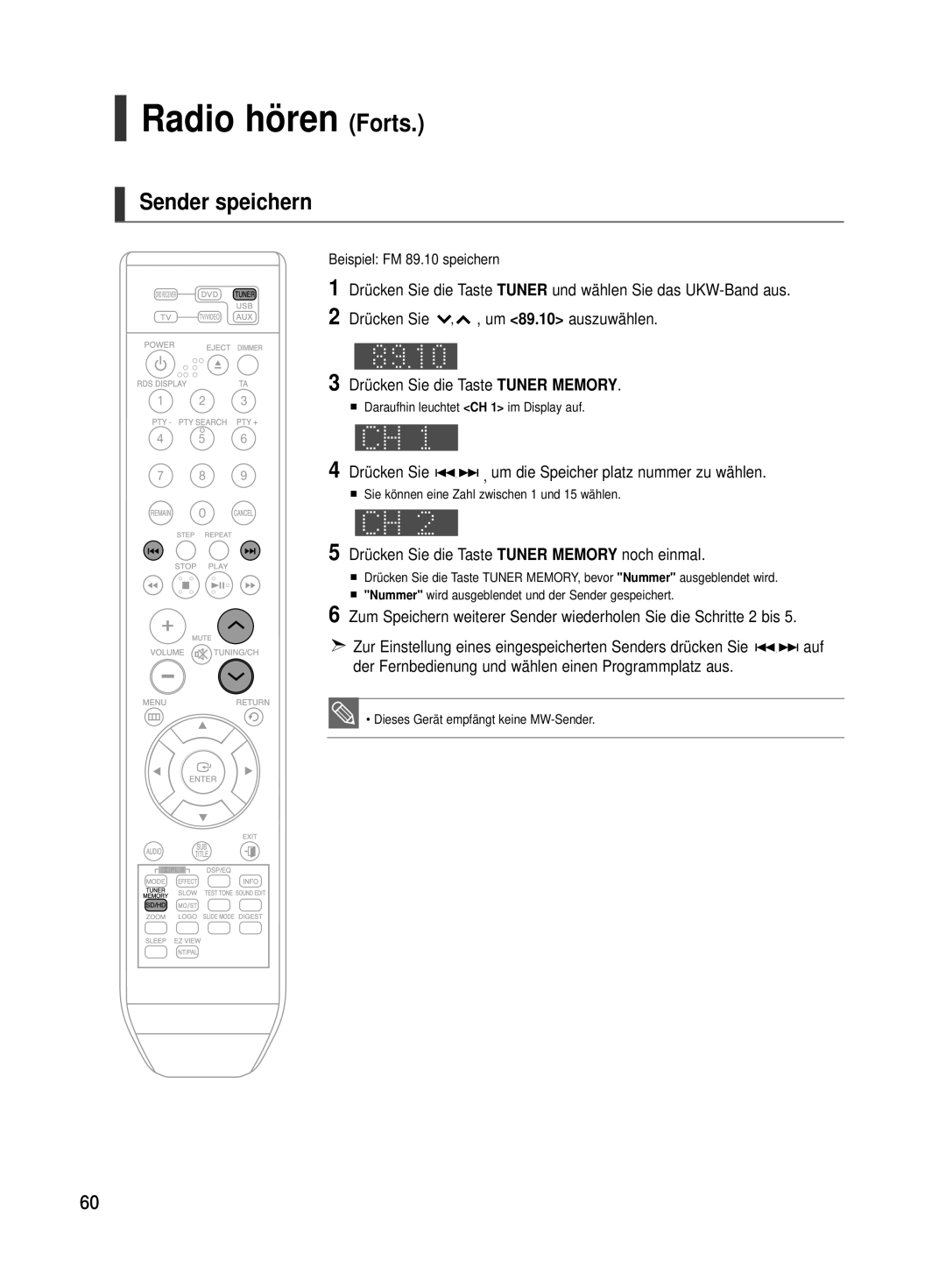 Samsung HT-TX500R/XEF manual Radio hören Forts, Sender speichern, Drücken Sie , um die Speicher platz nummer zu wählen 