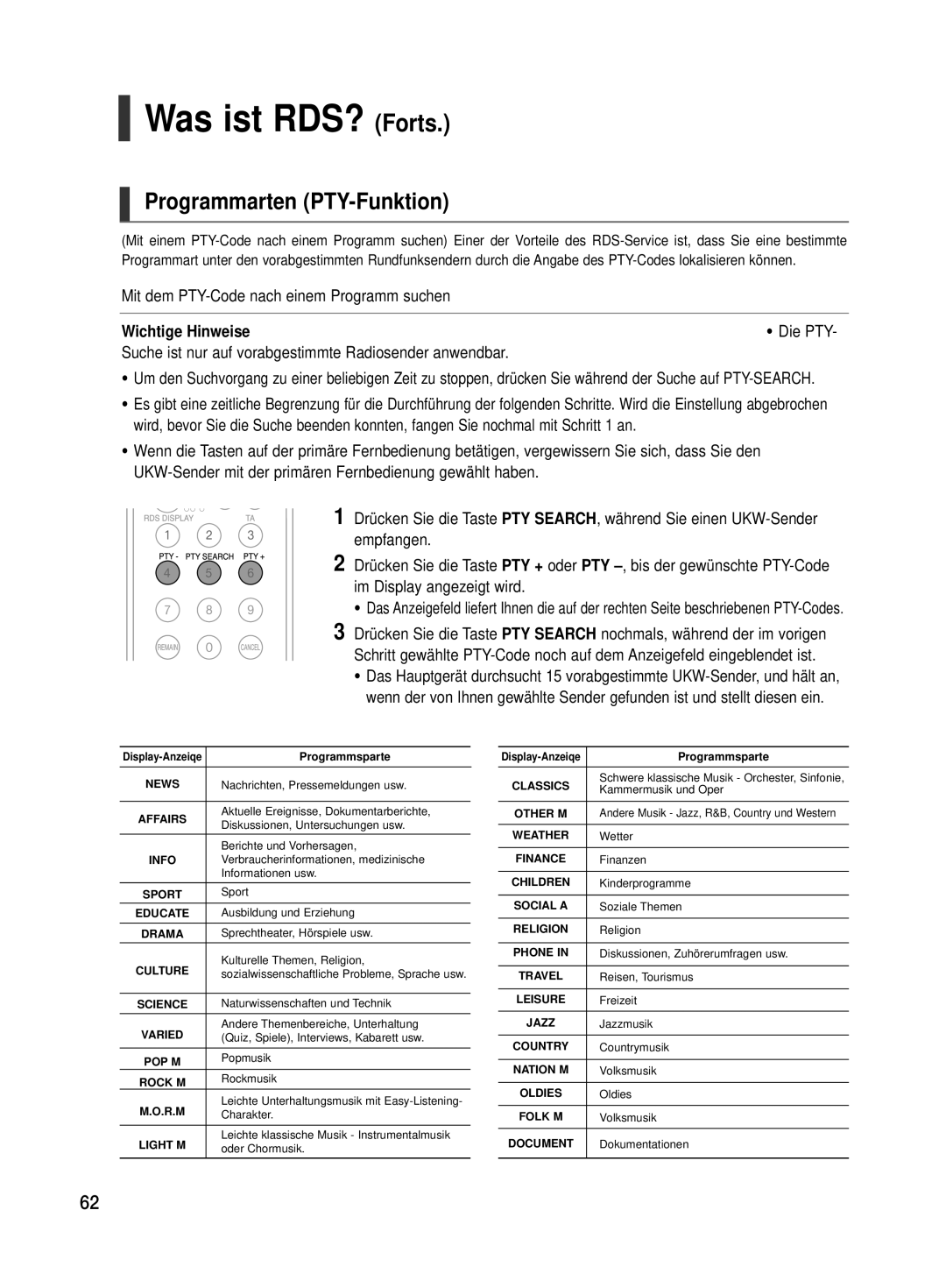 Samsung HT-TX500R/XEF manual Was ist RDS? Forts, Programmarten PTY-Funktion, Mit dem PTY-Code nach einem Programm suchen 