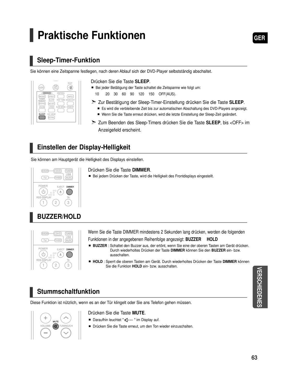 Samsung HT-TX500T/ADL Praktische Funktionen, Sleep-Timer-Funktion, Einstellen der Display-Helligkeit, Stummschaltfunktion 