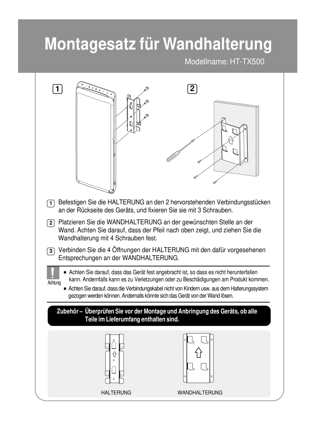 Samsung HT-TX500T/ADL, HT-TX500R/XEF manual Montagesatz für Wandhalterung 