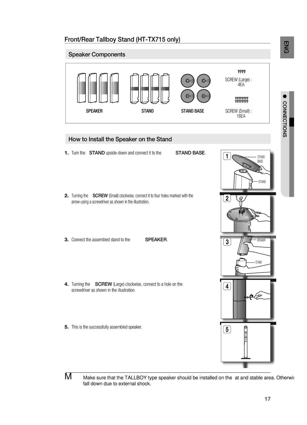 Samsung user manual Front/rear Tallboy Stand HT-TX715 only, Screw Large, Speaker Stand Stand Base, Screw Small 