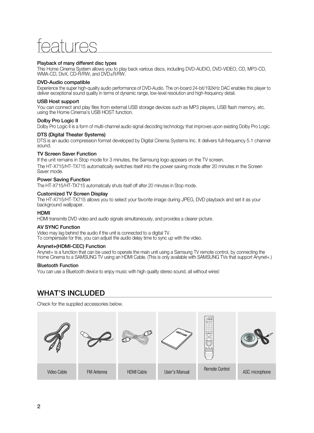 Samsung HT-TX715 user manual Features, What’s included, Hdmi, ASC microphone 