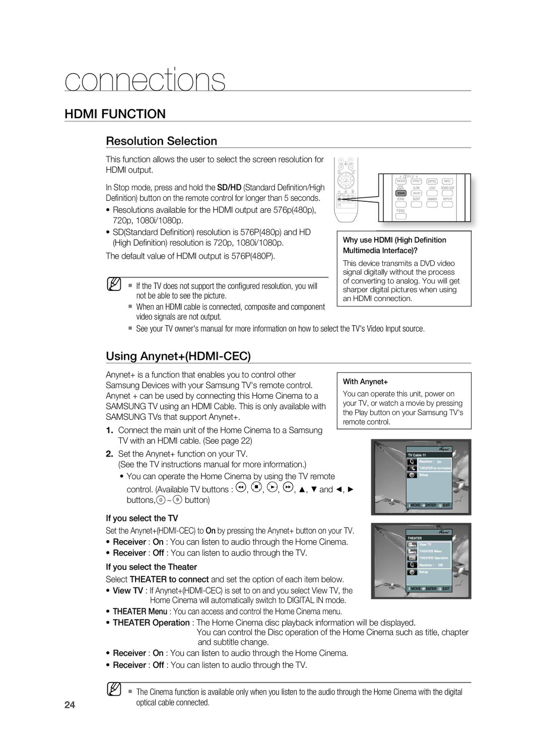 Samsung HT-TX715 user manual Hdmi Function, Resolution Selection, Using Anynet+HDMI-CEC 