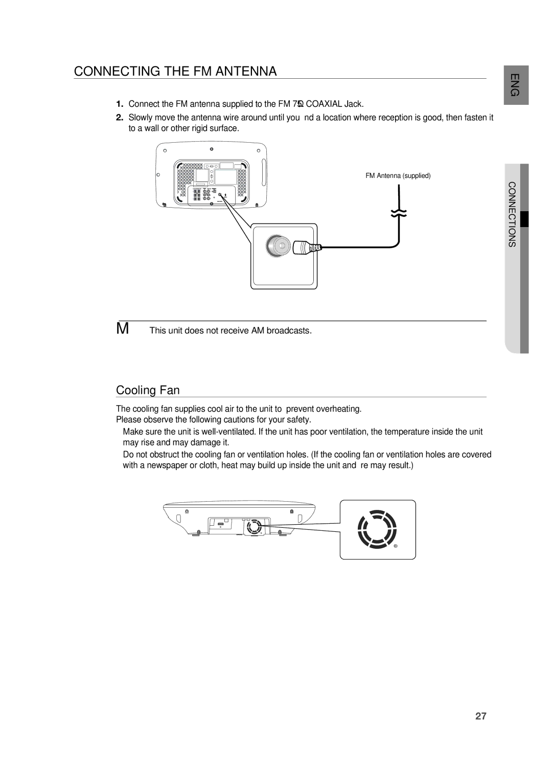 Samsung HT-TX715 user manual Connecting the FM Antenna, Cooling Fan, ` This unit does not receive AM broadcasts 