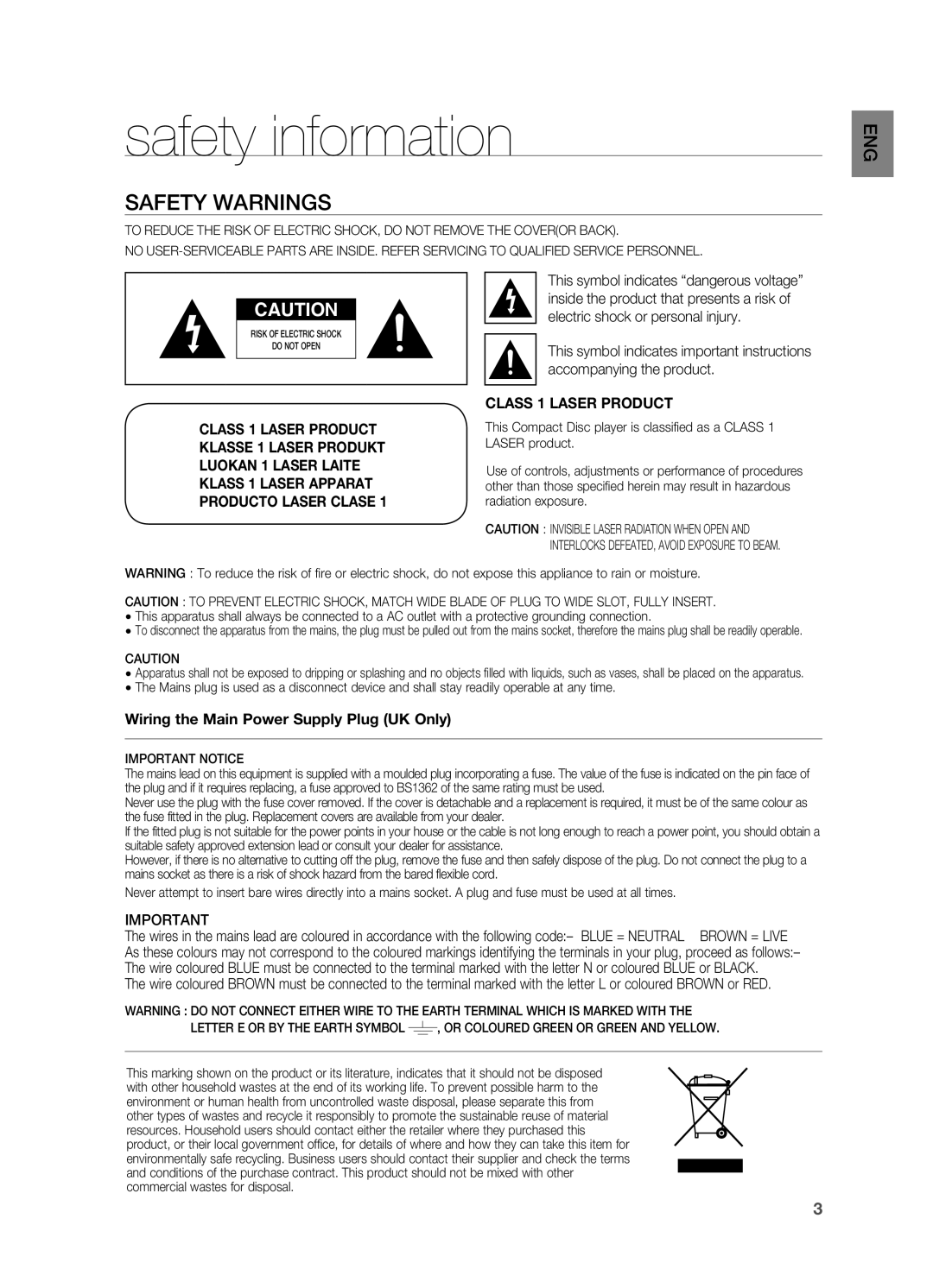 Samsung HT-TX715 user manual Safety information, Safety Warnings 