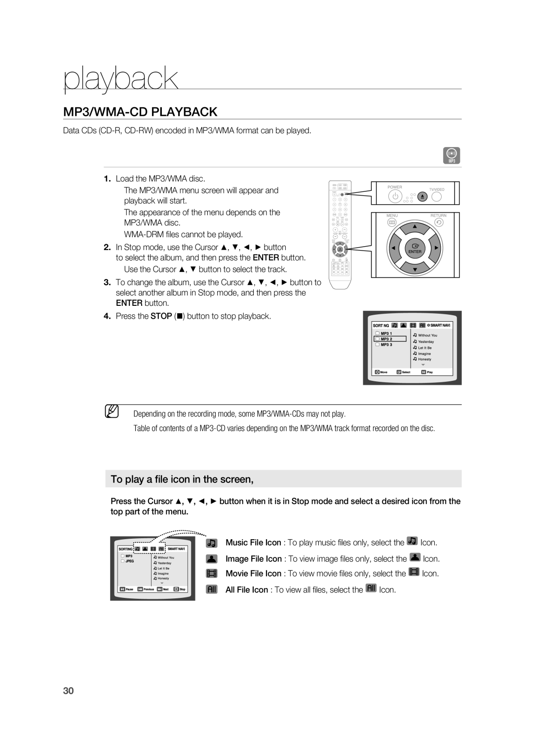 Samsung HT-TX715 user manual MP3/WMA-CD Playback, To play a file icon in the screen 