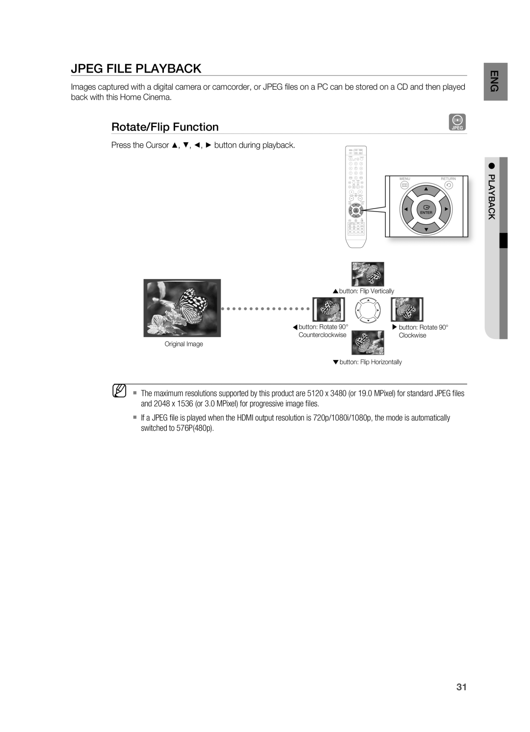 Samsung HT-TX715 user manual Jpeg File Playback, Rotate/Flip Function, Press the Cursor $, %, , + button during playback 