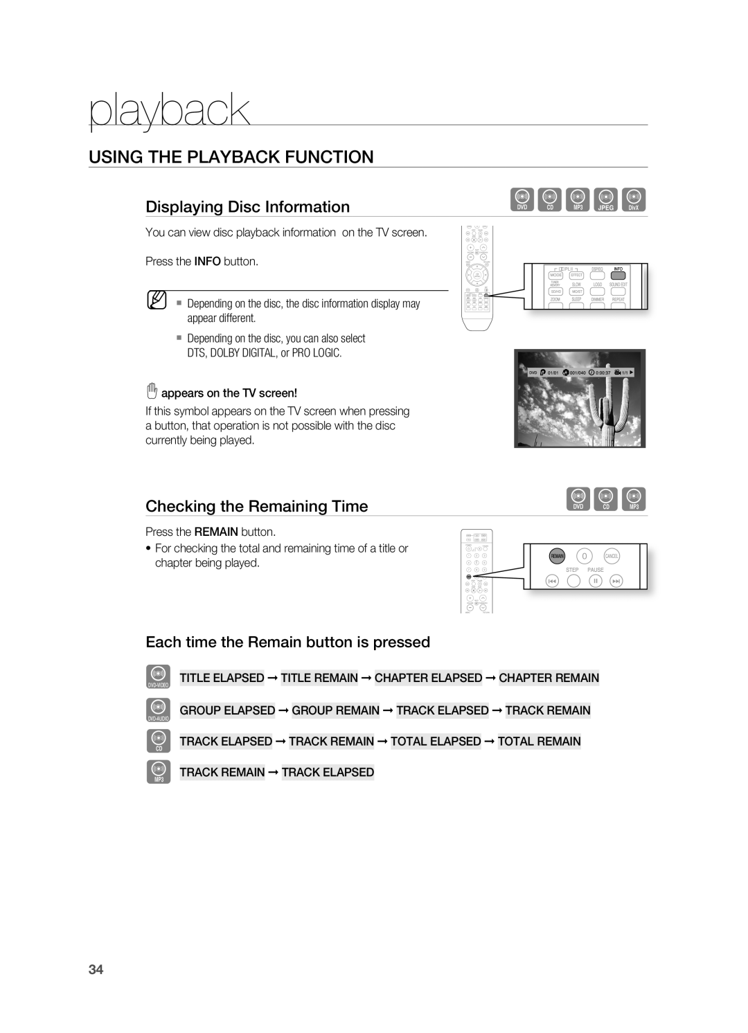 Samsung HT-TX715 user manual Using the Playback Function, Displaying Disc Information, Checking the remaining Time 