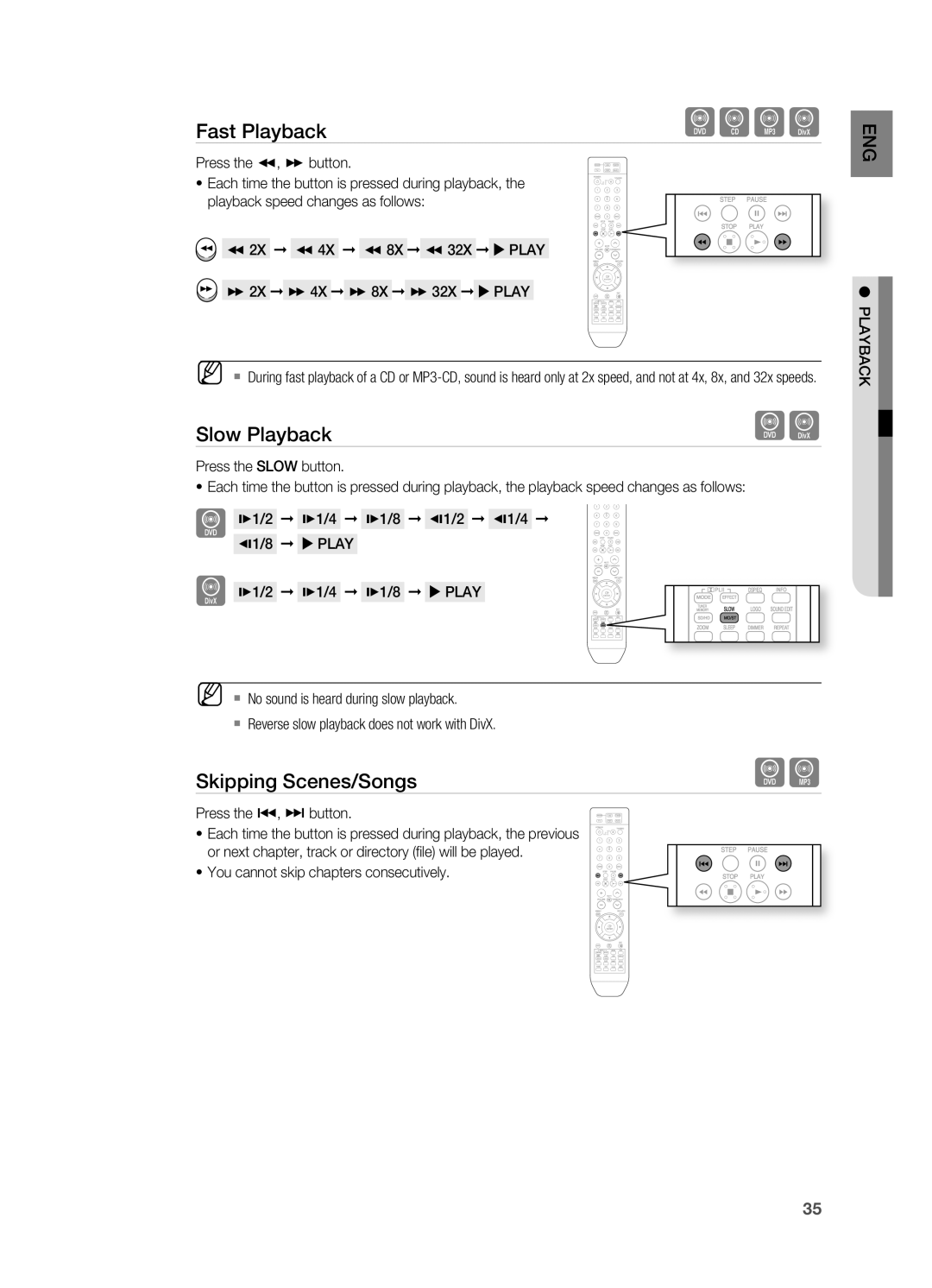 Samsung HT-TX715 user manual Slow Playback, Skipping Scenes/Songs, Press the , button, 2X 4X 8X 32X  Play 