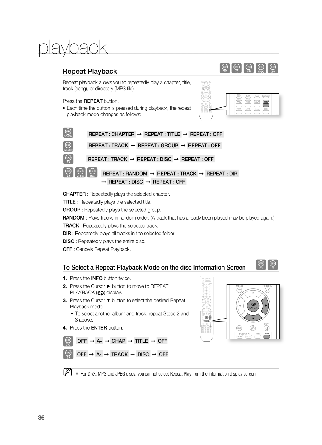 Samsung HT-TX715 user manual Repeat Playback, OFF A- Chap Title OFF 