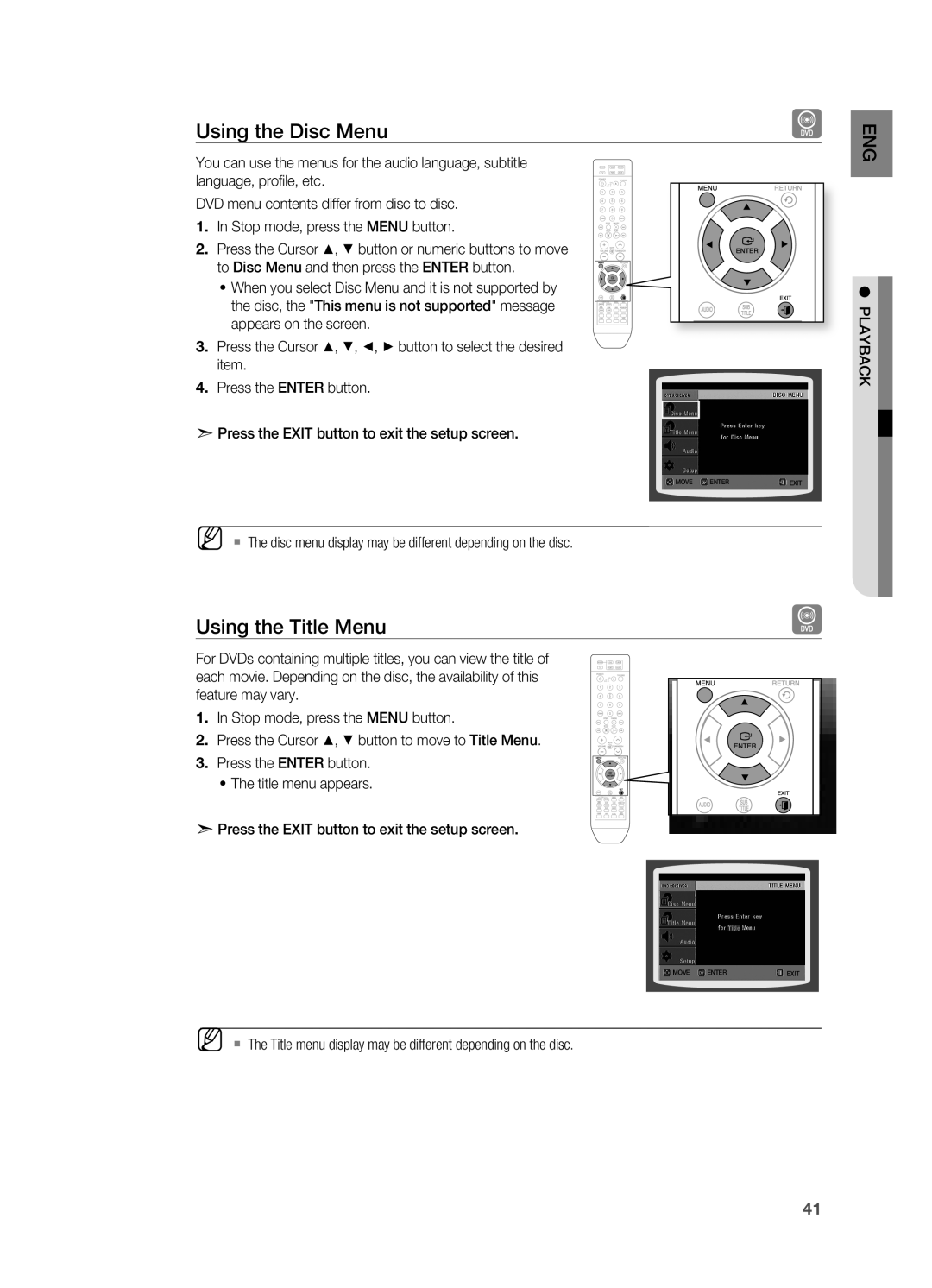 Samsung HT-TX715 user manual Using the Disc Menu, Using the Title Menu 