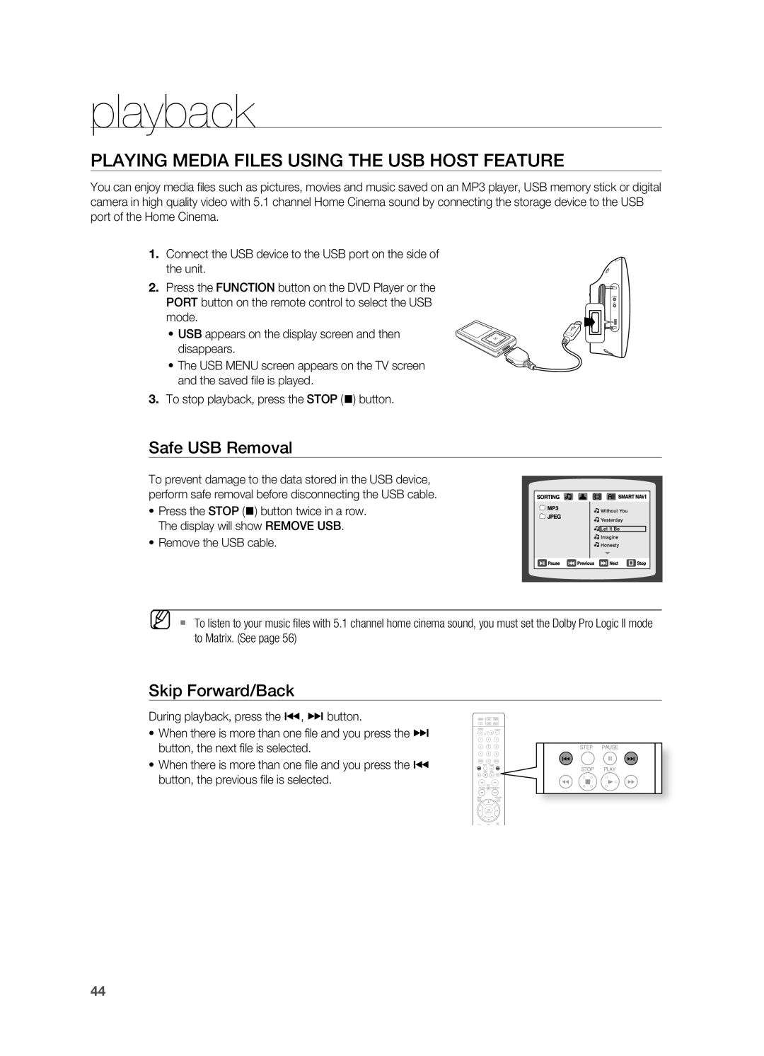 Samsung HT-TX715 user manual Playing Media Files Using the USB Host FEATUrE, Safe USB removal 