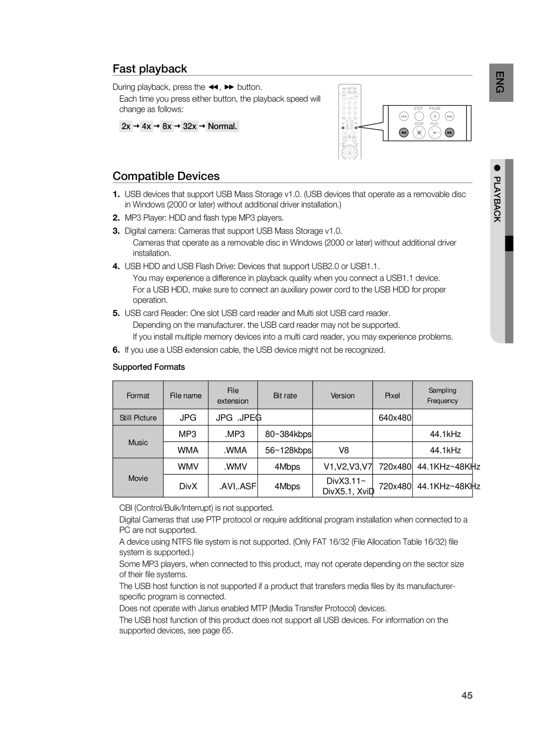 Samsung HT-TX715 user manual Compatible Devices, File Bit rate Version Pixel 