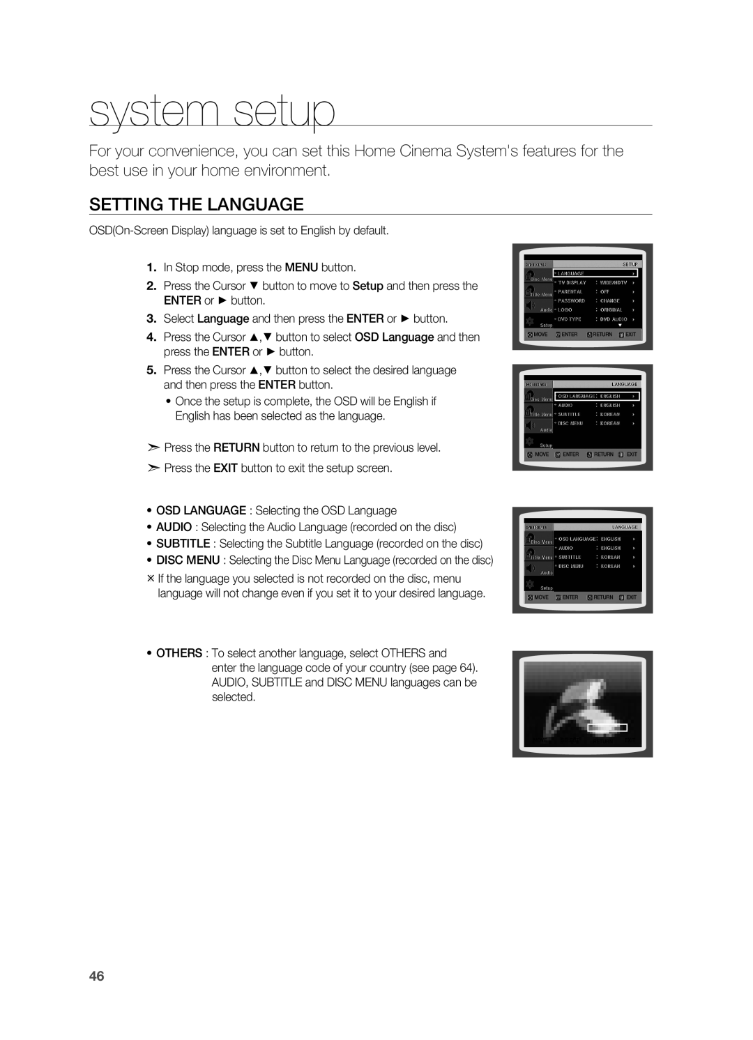 Samsung HT-TX715 user manual System setup, Setting the Language 