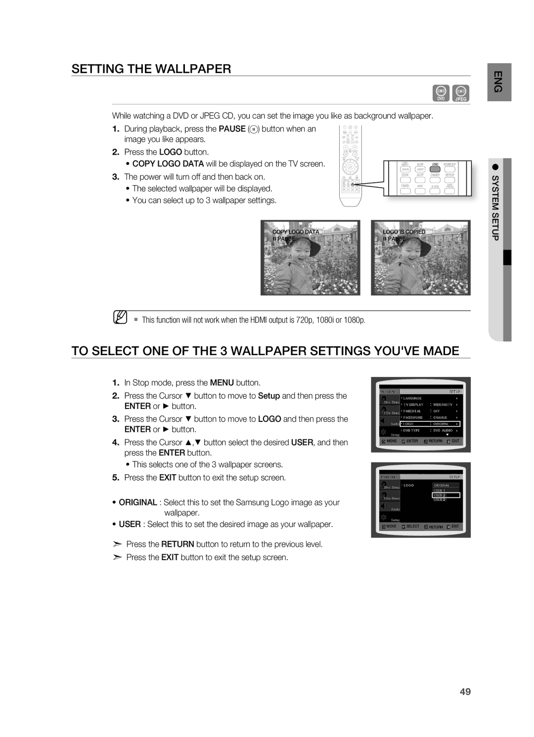 Samsung HT-TX715 user manual Setting the WALLPAPEr, To Select ONE of the 3 WALLPAPEr Settings Youve Made 