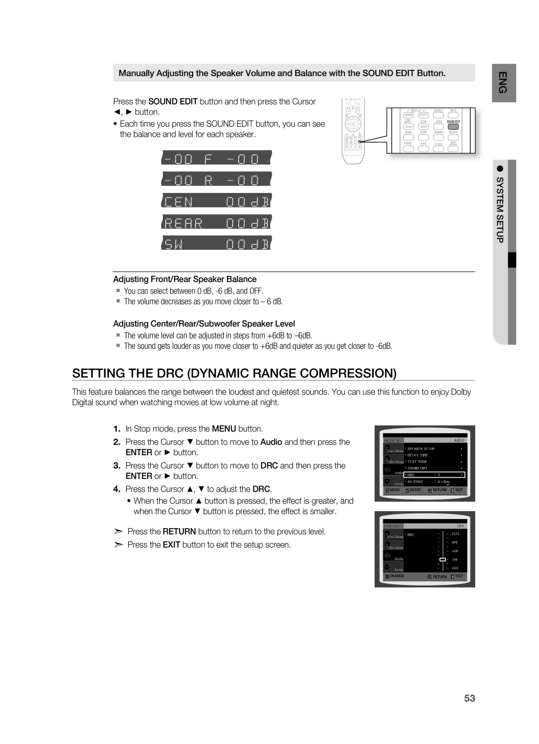 Samsung HT-TX715 user manual Setting the DrC Dynamic rANGE COMPrESSION, System Setup 