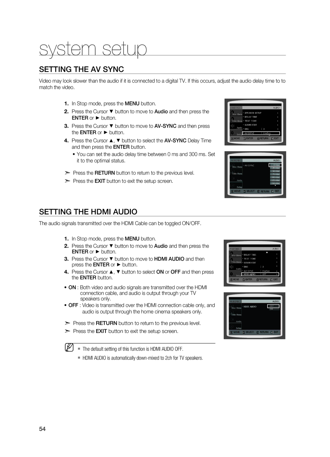 Samsung HT-TX715 user manual Setting the AV Sync, Setting the Hdmi Audio 