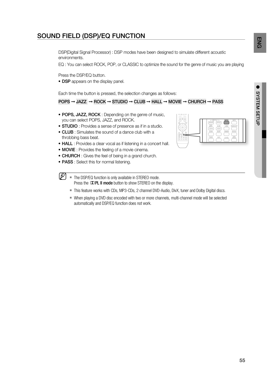 Samsung HT-TX715 user manual Sound Field DSP/EQ Function 