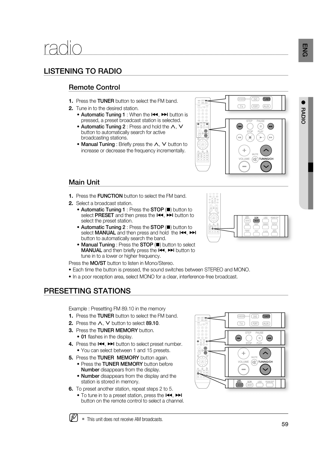 Samsung HT-TX715 user manual Radio, Listening to rADIO, PrESETTING Stations, Remote Control, Main Unit 