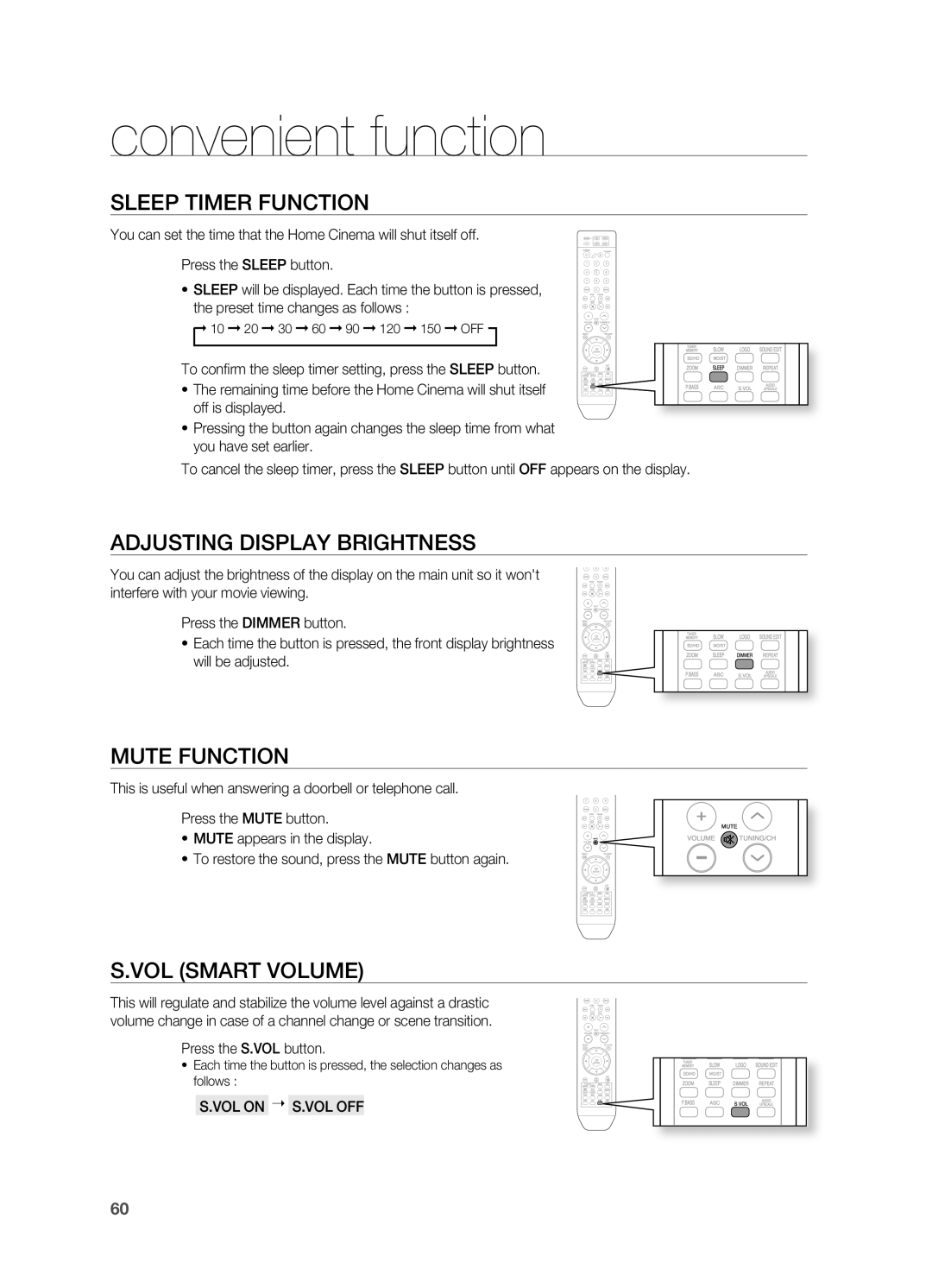 Samsung HT-TX715 Convenient function, Sleep TIMEr Function, Adjusting Display BrIGHTNESS, Mute Function, VOL SMArT Volume 