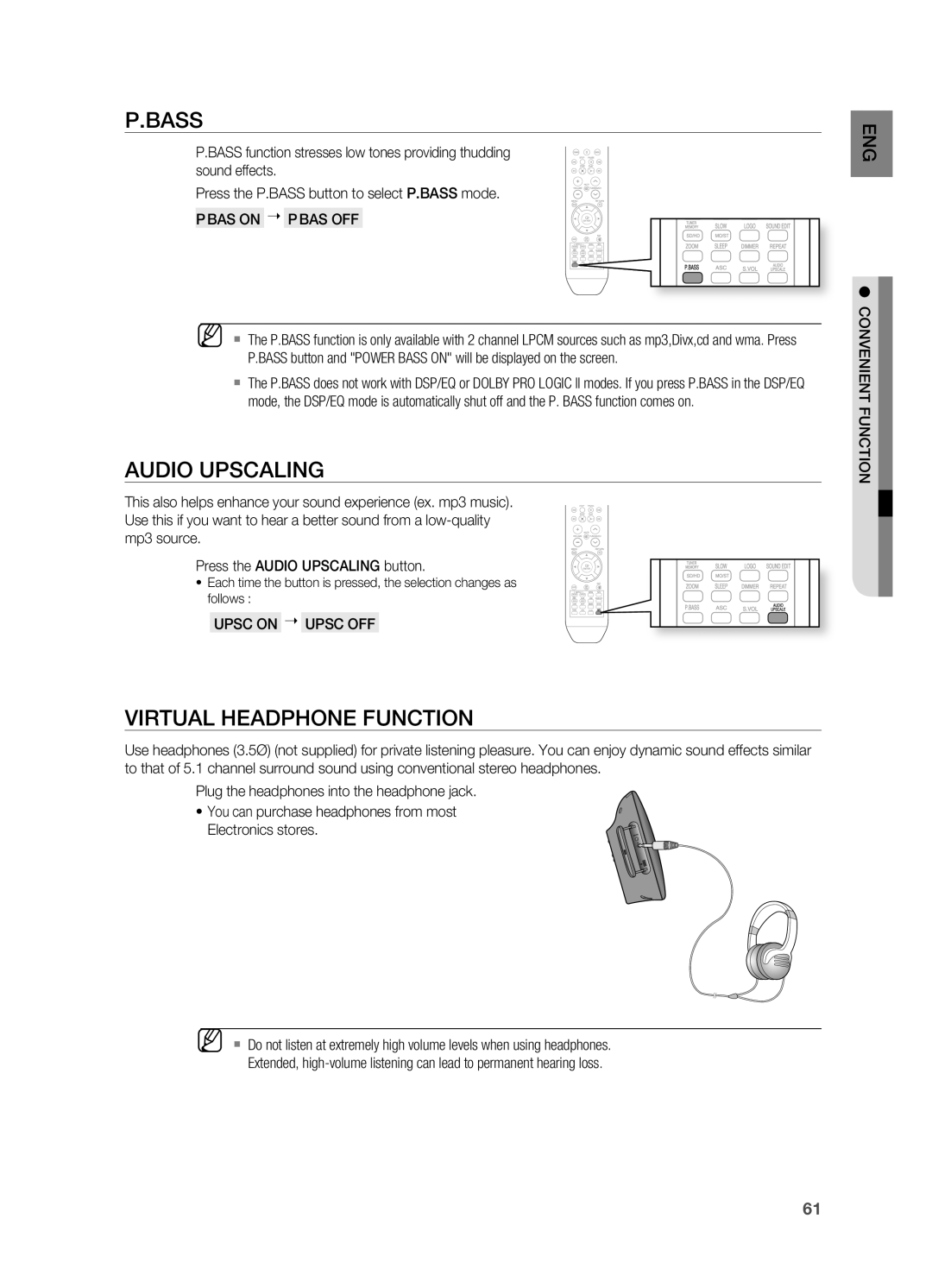 Samsung HT-TX715 user manual Bass, Audio Upscaling, VIrTUAL Headphone Function 