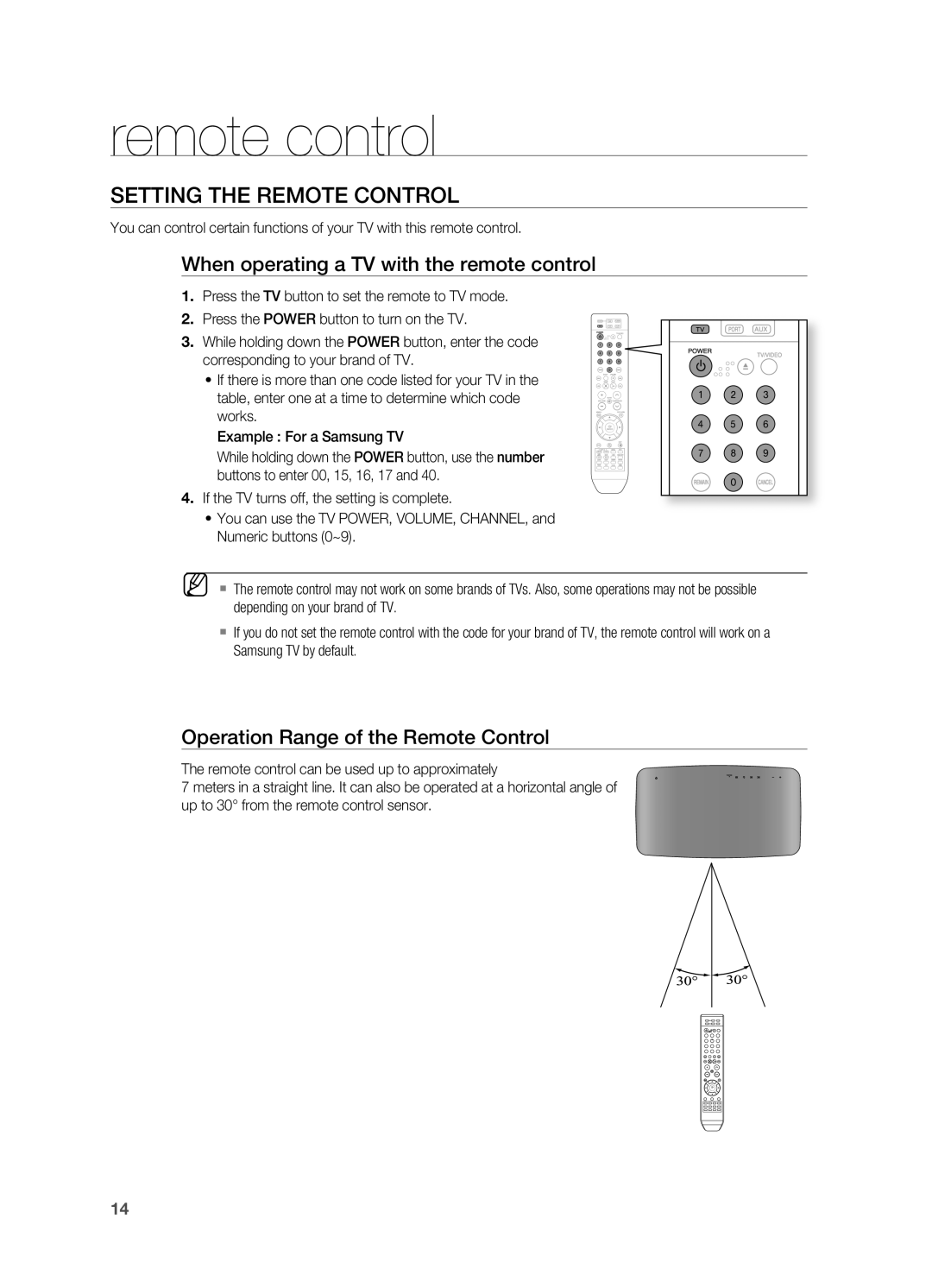 Samsung HT-TX715 user manual SETTING THE rEMOTE CONTrOL, When operating a TV with the remote control 