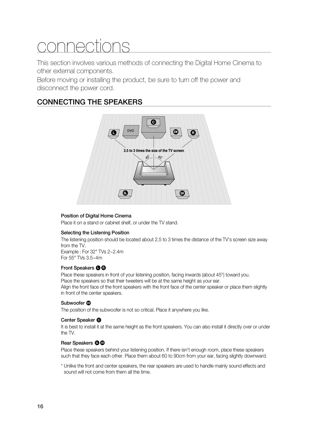Samsung HT-TX715 user manual connections, Connecting the Speakers 