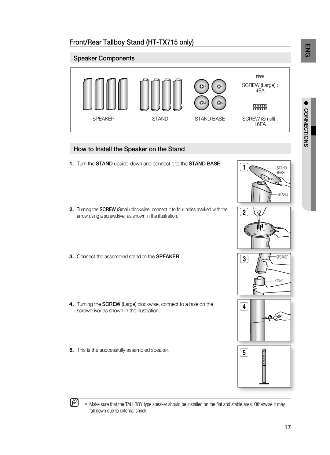 Samsung user manual Front/rear Tallboy Stand HT-TX715only, Speaker Components, How to Install the Speaker on the Stand 