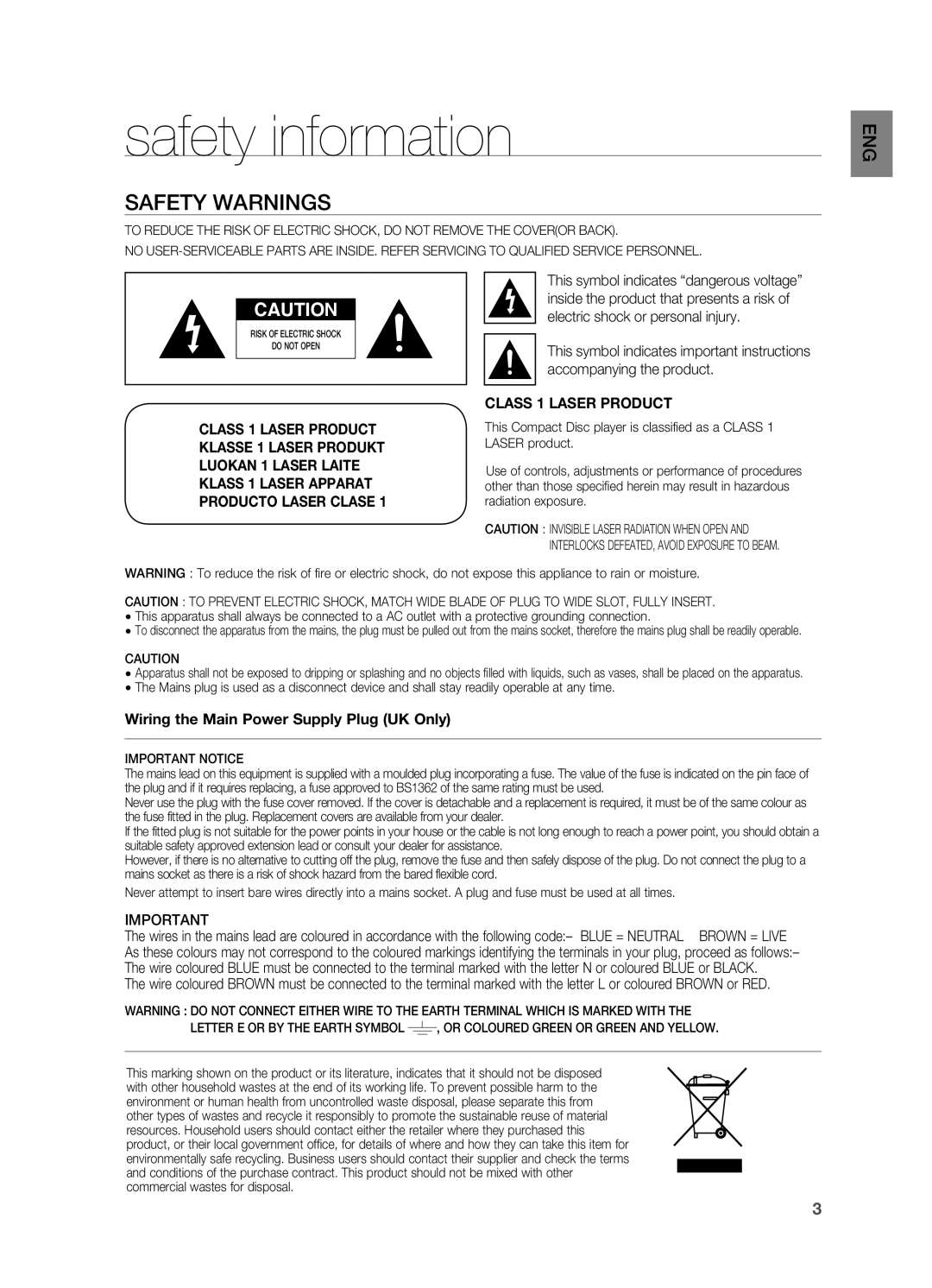 Samsung HT-TX715 safety information, Safety Warnings, CLASS 1 LASER PRODUCT, Wiring the Main Power Supply Plug UK Only 