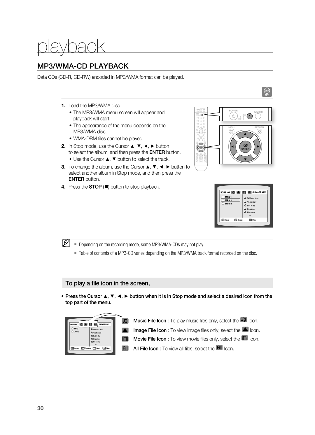 Samsung HT-TX715 user manual MP3/WMA-CDPLAYBACK, playback, To play a file icon in the screen 