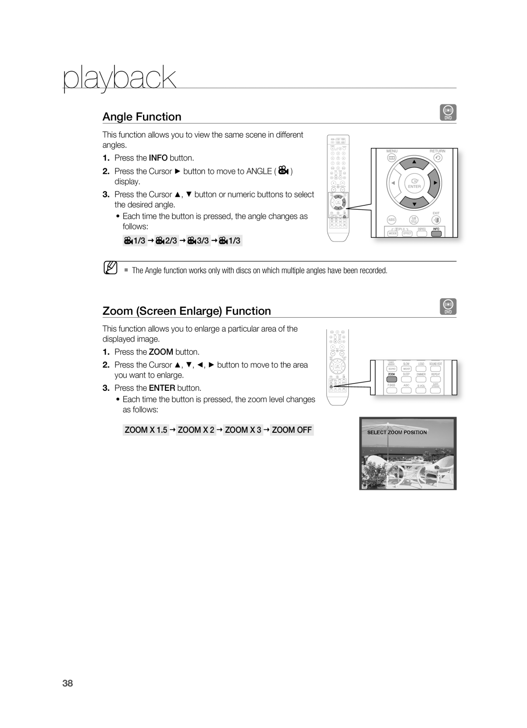 Samsung HT-TX715 user manual playback, Angle Function, Zoom Screen Enlarge Function 